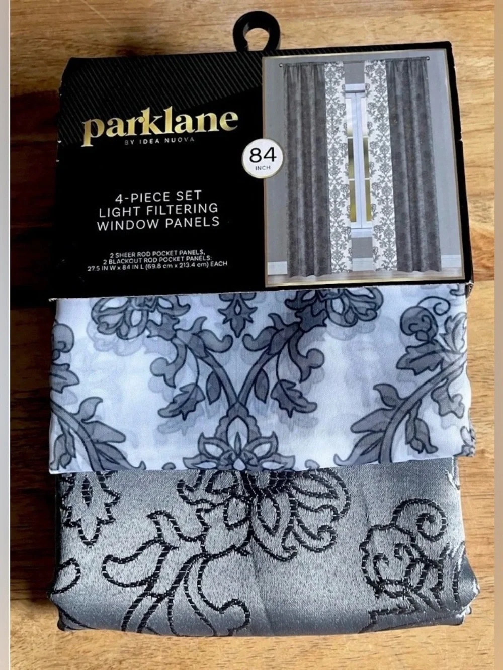 Parklane 4-Piece Light Filtering Window Curtain Panel Set 84” Gray Floral NEW